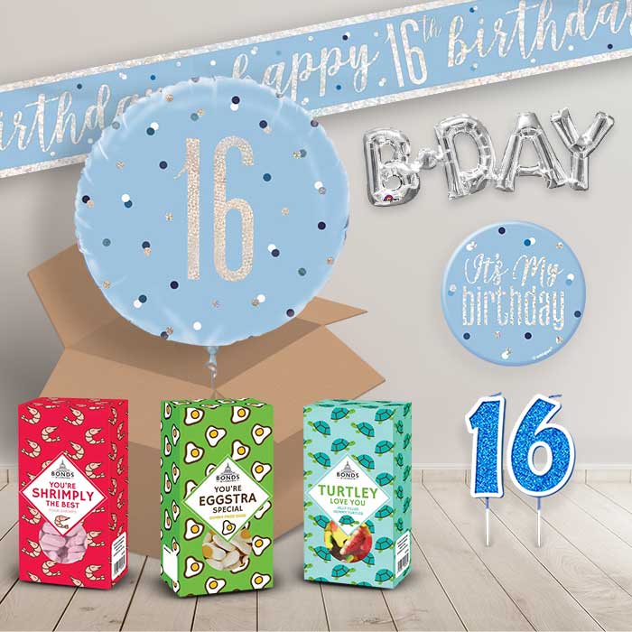 16th Birthday in a Box Package includes Sweets, Blue Balloon and Decorations image 2